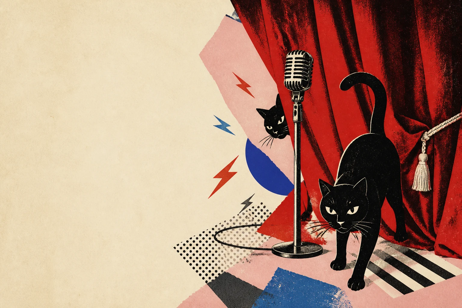 Collage théâtral avec chats noirs, rideau rouge et microphone